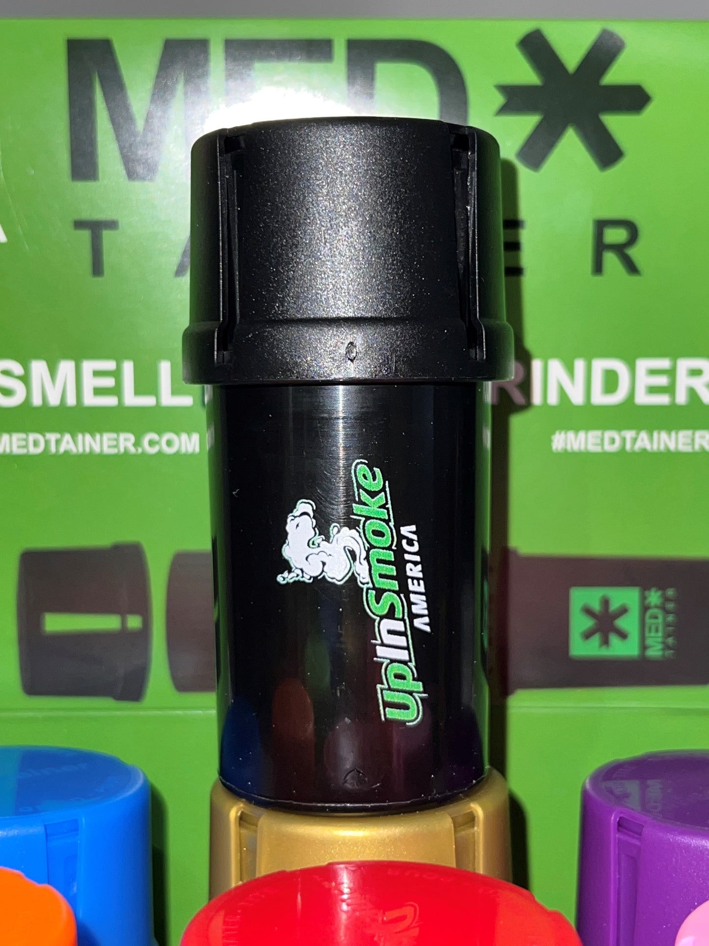 MedTainer Smell-proof Storage Container w/ Built-In Grinder Upinsmokeamerica logo