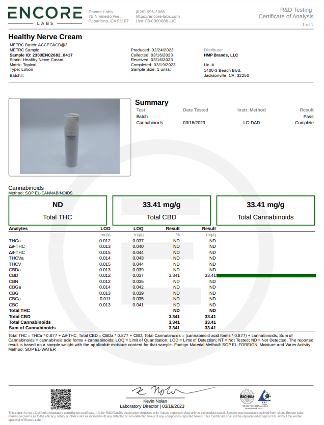 HMP Brands Healthy Nerve Restoring Hemp Cream